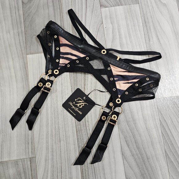RARE * NWT Honey Birdette Betty Tiger Print Suspender Garter Belt Size XS